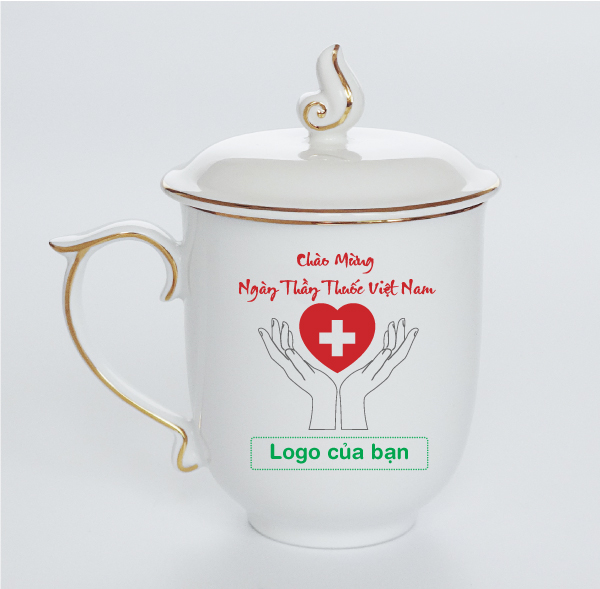 Ca sứ mẫu đơn in logo mừng ngày thầy thuốc Việt Nam
